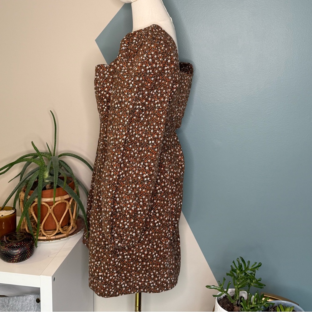 Free People Clementine Corduroy Mini Dress Brown Floral Puff Sleeve Size 10 NWT - Picture 3 of 13